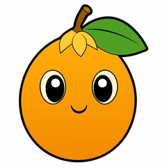 Cute Cartoon Smiling Loquat Fruit Character with Green Leaf on White Background ​