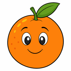 Cute Cartoon Smiling Orange Fruit Character with Green Leaf on White Background ​