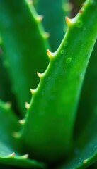 Close-up of aloe vera leaf with glistening water droplets, aloe vera, skincare
