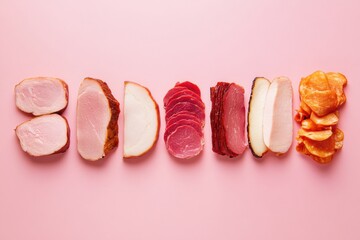 Assorted Sliced Meats in Clean Layout on Pink Background