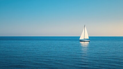 Obraz premium Solitary sailboat on calm ocean under clear blue sky.