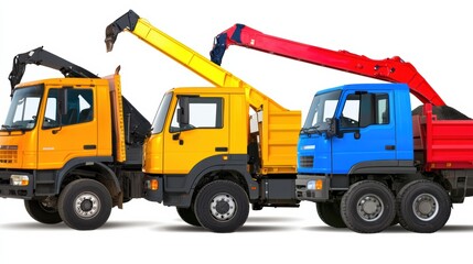 Construction trucks lined up industrial site vehicle photography urban environment side view heavy machinery concept