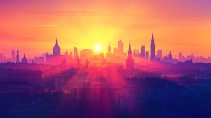 Obraz premium A colorful sunrise or sunset over a modern city. Bright sunlight highlights the buildings' shapes. A vector illustration of a city scene with sun rays. 