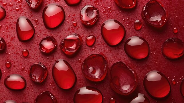 Close-up view of glistening red droplets on a deep red surface, creating a rich and vibrant texture, ideal for backgrounds