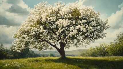 Fototapeta premium Lush flowering tree in a serene landscape, surrounded by rolling hills and vibrant greenery under a blue sky