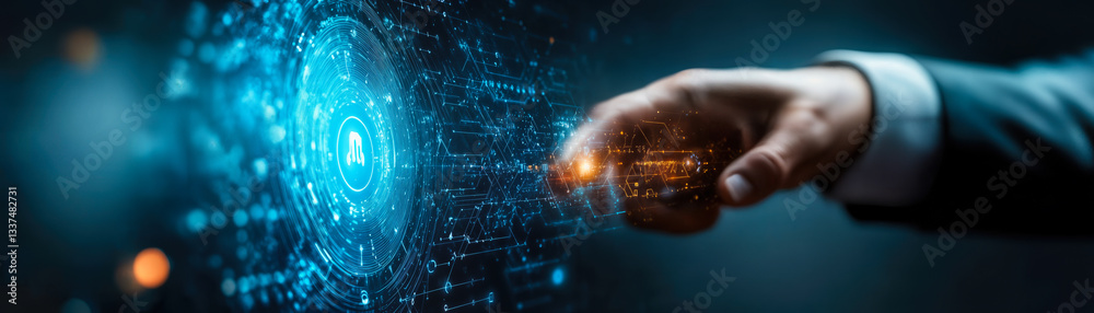 Poster businessman interacting with virtual artificial intelligence interface for data analysis and enhance