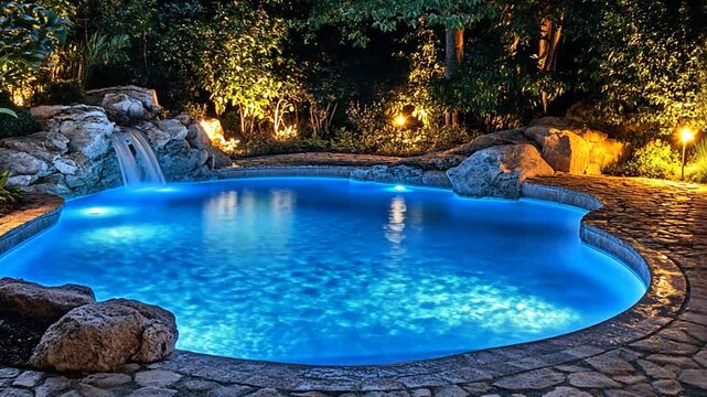 Night scene of a kidney-shaped pool with waterfall and rock features, illuminated by underwater and landscape lighting.