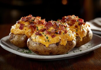 Fototapeta premium Baked potatoes topped with melted cheese, crispy bacon, and fresh herbs served on a plate in a cozy restaurant setting