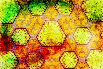 Abstract hexagonal honeycomb pattern with vivid green, yellow, and red hues The vibrant geometric...