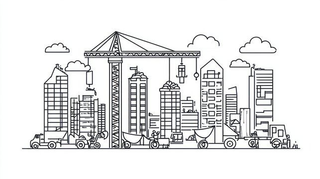 Cityscape construction site line art