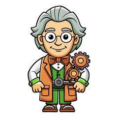 Fototapeta premium a cartoon illustration of a friendly scientist or inventor holding some gears, perfect for educational or creative projects. The scientist wears glasses, and has a stylish outfit with a bow tie