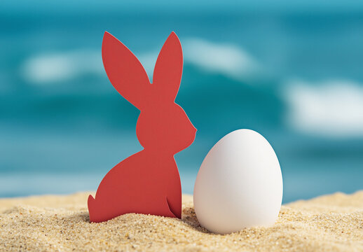 Easter Bunny Paper Cut Style &ndash; Red Bunny on Beach with Blue Sea Background, Copy Space Concept