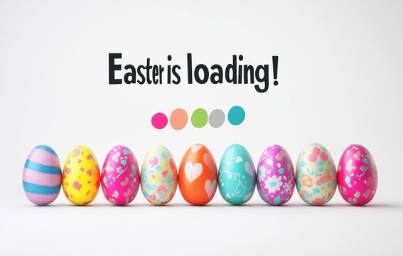 Minimalist 'Easter is Loading!' Design with Colorful Eggs & Progress Bar - Clean White Background for Social Media Posts, Digital Logos & Festive Content