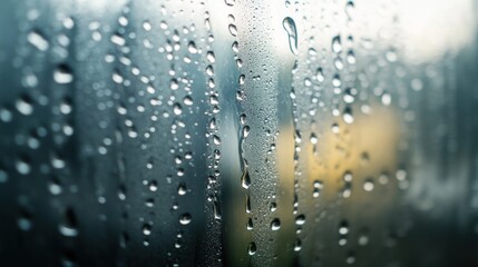 Close-up of raindrops running down a window pane creating abstract patterns