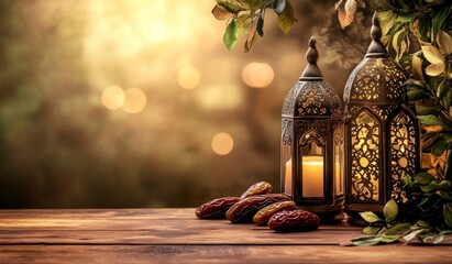 Lanterns and Dates on Wooden Table Evoke Warm Festive Celebration