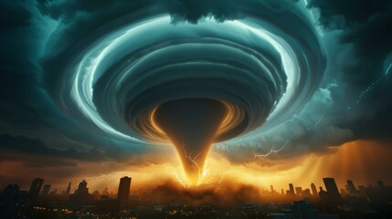 A massive tornado sweeps through a city, leaving a path of destruction in its wake as it devours buildings.