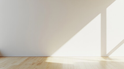 Minimalist bright interior with wooden floor and large window casting geometric shadows on white walls, modern empty room with natural sunlight for design mockups and creative projects

