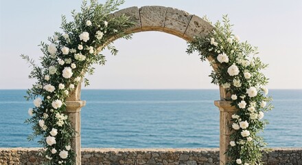 Romantic Mediterranean wedding arch with white flowers and lush greenery by the sea