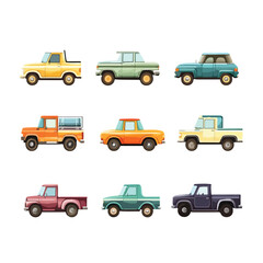 Modern Flat Cars Set with Taxi, Minivan, Cabriolet, and Pickup Truck
