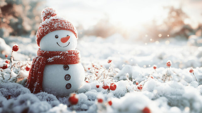 Adorable Miniature Snowman with Red Scarf in Glittering Snow - Christmas Holiday Decoration in Golden Winter Sunlight - Powered by Adobe
