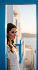 Beautiful Mediterranean bride leaning against a blue door with sunset light and white houses in the background