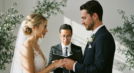 Romantic Mediterranean wedding ceremony with a bride and groom exchanging vows in soft natural light