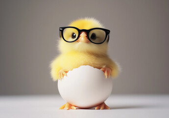 Minimalist Yellow Chick in Egg with Black Glasses - Playful High-Resolution Studio Shot on gray - Perfect for Easter Branding, Social Media & Quirky Product Design