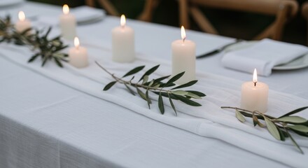 Elegant Mediterranean wedding table setting with white candles and olive branches on a white tablecloth