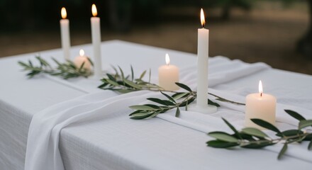 Elegant Mediterranean wedding table with white candles, olive branches, and soft candlelight 
