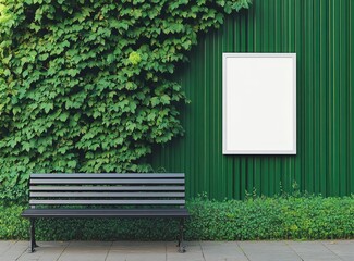 Blank Frame Mockup on Green Wall with Ivy and Park Bench