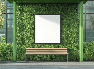 Blank Advertisement Display at Green Bus Stop with Bench and Plants
