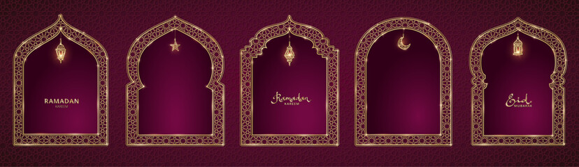Ramadan or Al-Adha background. Islamic windows, mosque doors, holiday frames. Golden decoration. Lanterns, crescent, stars. Traditional muslim pattern. Vertical format for cards.