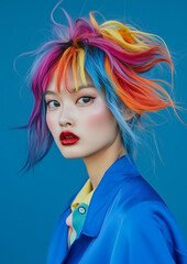 Avant-Garde Asian Model with Rainbow Hair - Martin Paar-Inspired Fashion Portrait in Blue Attire & Bold Red Lips, Ultra HD Beauty Photography