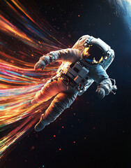 Fototapeta premium Astronaut Floating in Cosmic Light - Ultra HD Space Scene with Earth & Colorful Energy Streaks, Sci-Fi Background for Branding