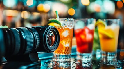 Camera lens capturing vibrant cocktails at bar for advertising or promo shots