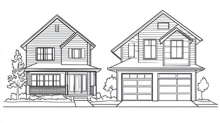 Two-story house front elevation sketch, suburban design, architectural drawing