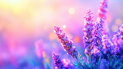 Naklejka premium Experience the serene beauty of blooming lilacs in soft pink and violet hues, captured in the gentle sunrise light.