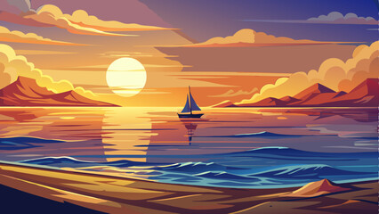 vector of vast ocean horizon at sunrise, with golden light reflecting off gentle waves and a lone sailboat drifting in the distance. © koushkij