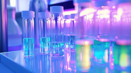 Futuristic laboratory with sleek glass tubes of vibrant, glowing liquids reflecting on a clean white surface under LED lighting.

