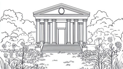 Classic Building in Garden. Line Drawing. Possible use Coloring Book
