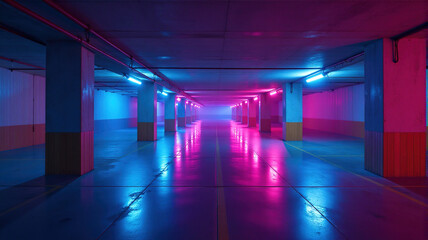 Empty neon-lit parking garage interior. Pink and blue lights illuminate reflective floor and columns. Futuristic and stylish background.