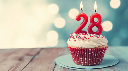 Cupcake to celebrate a 28th birthday with red candles