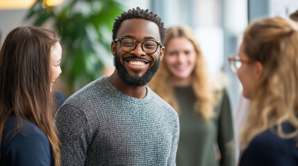 Obraz premium A diverse group of office workers are smiling and laughing together.