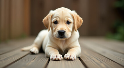 Adorable yellow Labrador puppy sitting on a wooden deck outdoors on a sunny day.
