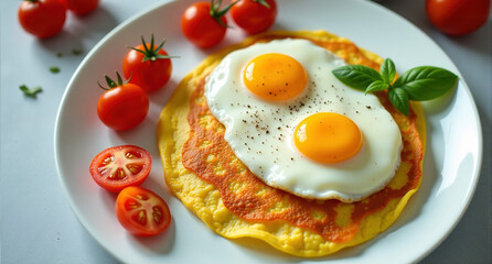 Two fried sunny-side up eggs served on a cornmeal pancake with cherry tomatoes and fresh basil. A delicious and healthy breakfast.