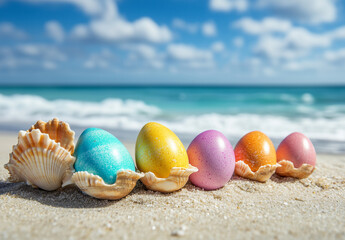Obraz premium Colorful Easter Eggs on the Beach with Seashells and Sea Background – Blue Sky and Ocean View