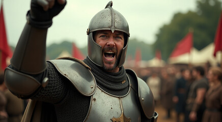 Fototapeta premium A powerful medieval knight in full armor, raising his fist in defiance against a blurred background of an army and spectators.