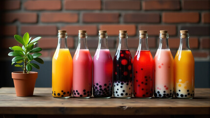 Bottles of colorful bubble tea with tapioca pearls on wooden table against brick wall background.