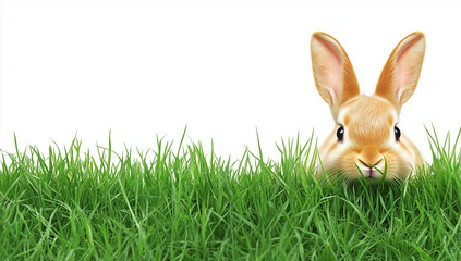 Playful Rabbit Peeking from Grass on White Background &ndash; Easter or Spring Concept