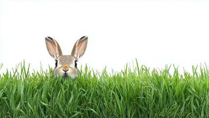 Obraz premium Playful Rabbit Peeking from Grass on White Background – Easter or Spring Concept